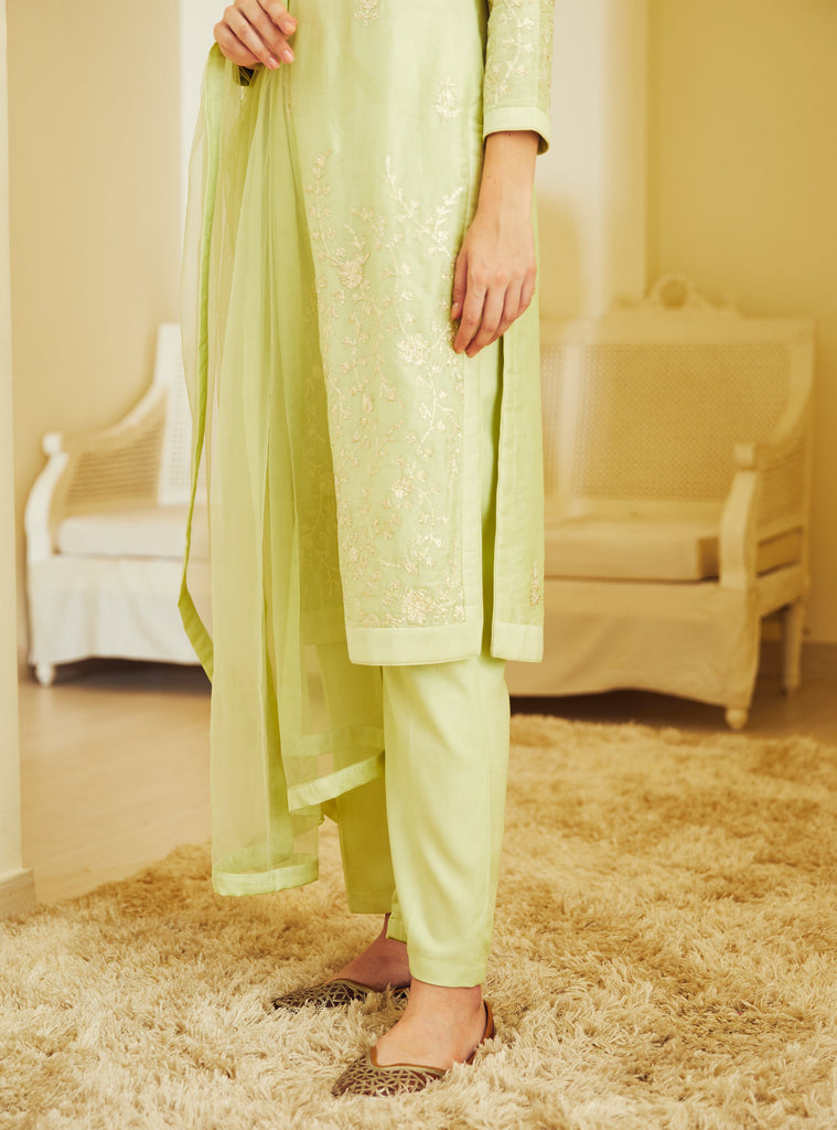 Samma Chikankari Long Kurta in Mul Cotton for Women- Light Green - House Of  Kari (Chikankari Clothing)